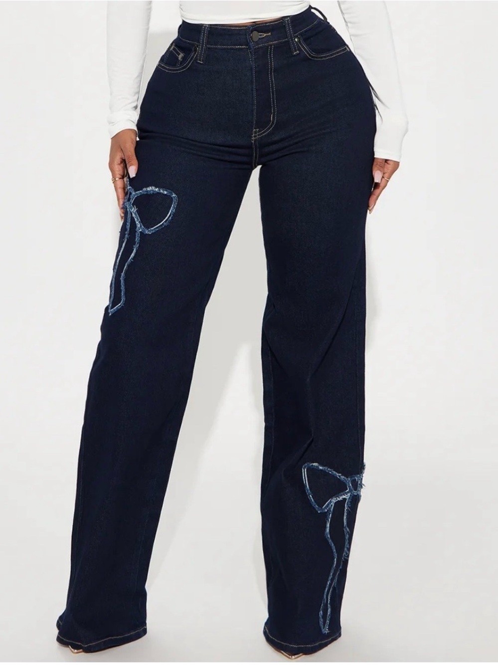 NEW Size 9 Fashion Nova Keeping It Sweet Bows Dark Wash Straight Leg Jeans
